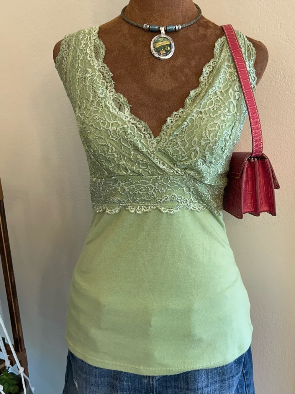 Vintage Y2K Preppy Light Gren Lace V-Neck Tank Top by 6 Degrees